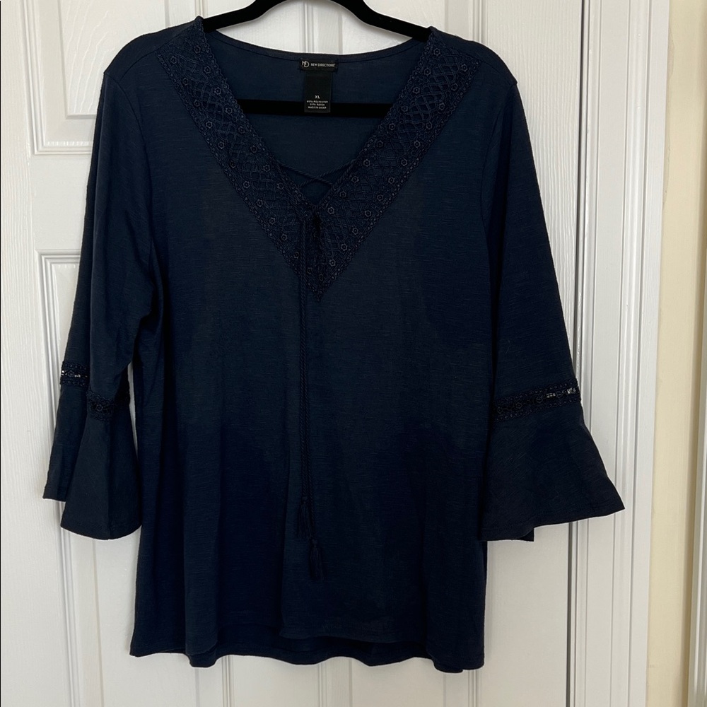New Directions Dark Blue Blouse with Lace Trim - XL